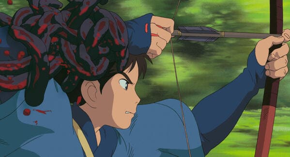 映画『もののけ姫』のワンシーン。主人公・アシタカが操る弓矢は『君たちはどう生きるか』にも受け継がれている。© 1997 Studio Ghibli・ND