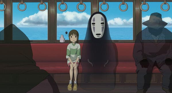 千尋とカオナシが海原鉄道で銭婆のもとへ向かうシーン© 2001 Studio Ghibli・NDDTM